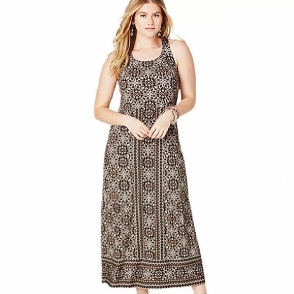 J. Jill Kona Brown/Pink Kaleidoscope Print Jersey Stretch Cross Back Maxi Dress - Picture 2 of 12